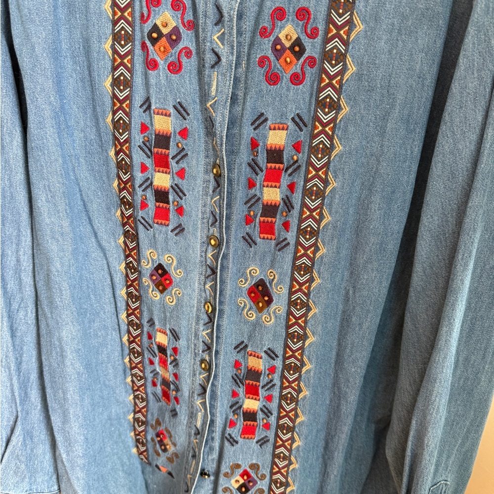 Sigrid Olsen Denim Button Down Embroidered Blouse Size XL - Picture 7 of 12
